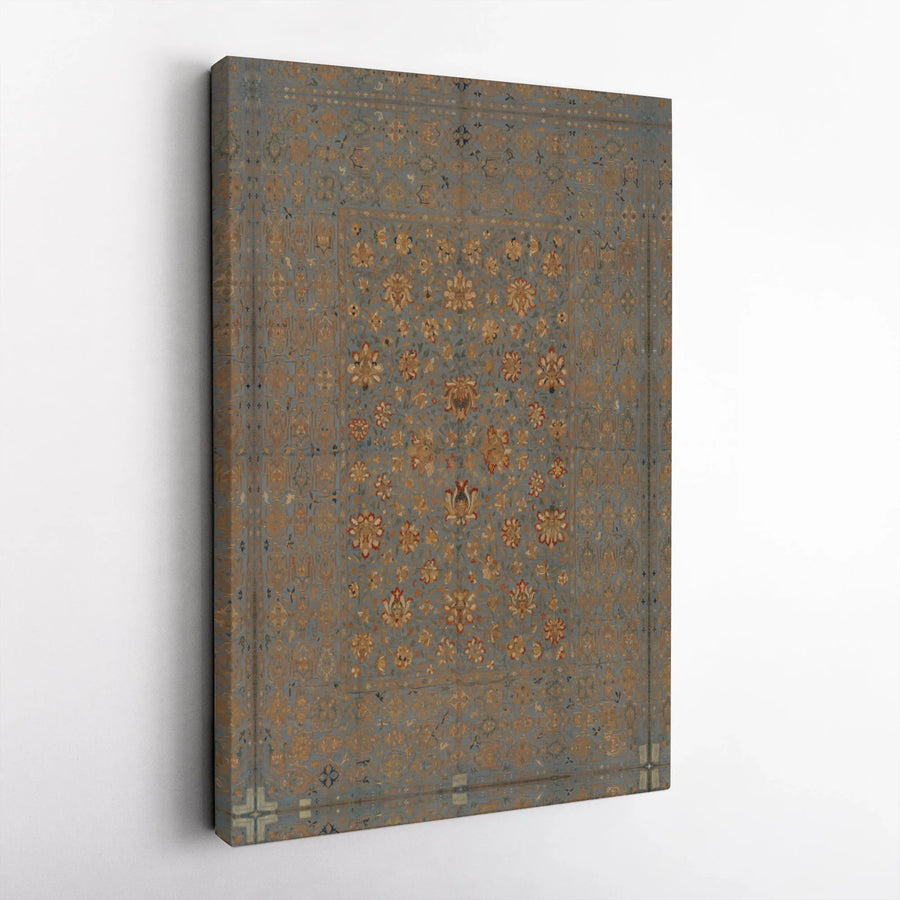 Vintage Persian Rug Wall Art | Blue And Gold Floral Print | Gallery Wrap Premium Canvas | Elegant Traditional Home Decor Gift