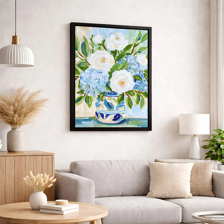 Floral Canvas Wall Art | White Rose and Blue Hydrangea Oil Painting | Premium Textured Gallery Wrap | Elegant Home Decor Gift