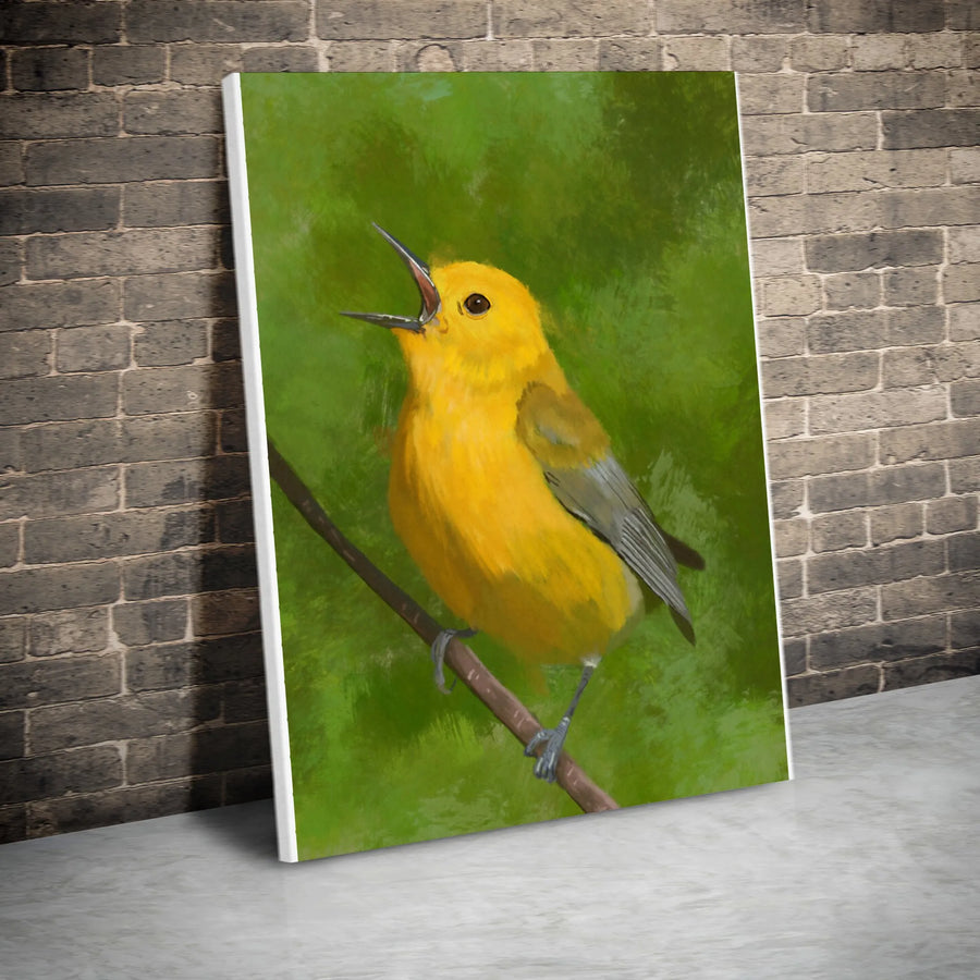 Prothonotary Warbler Canvas Art | Vibrant Yellow Songbird Painting | Premium Thick Gallery Wrap | Gift for Bird Watcher Home Decor