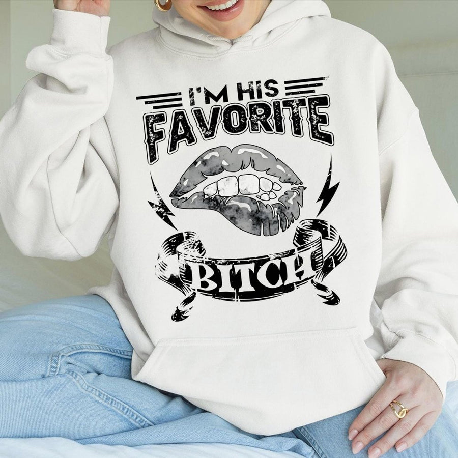I'm His Favorite Bitch Hoodie | Edgy Lips Graphic Design | Premium Cotton-Blend Pullover | Matching Couple Gift Idea for Anniversary or Valentine