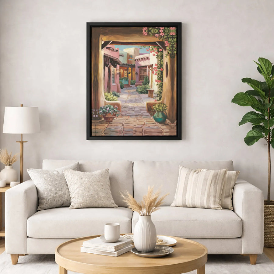 Santa Fe Adobe Courtyard Wall Art | Southwestern Cobblestone Garden Landscape | Premium Fade-Resistant Canvas | Home & Office Decor Gift
