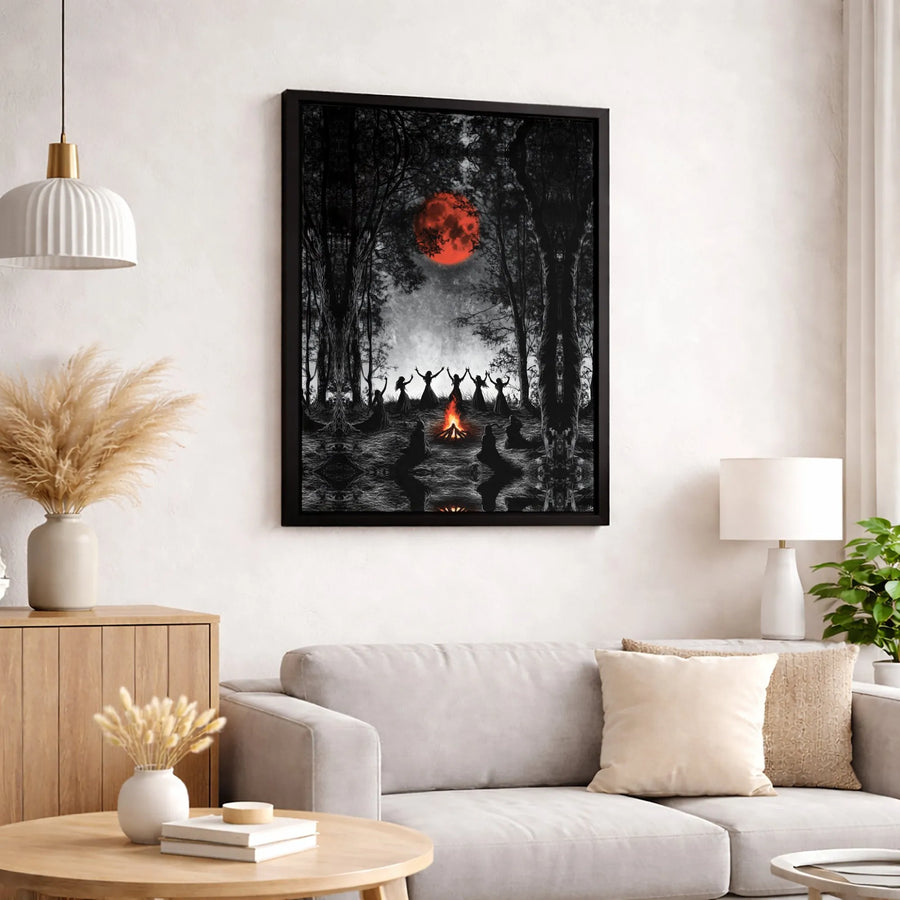 Witch Wall Art Canvas | Coven Dancing Around Bonfire Red Moon Decor | Gallery-Wrapped Premium Print | Gothic Home & Occult Decor Gift