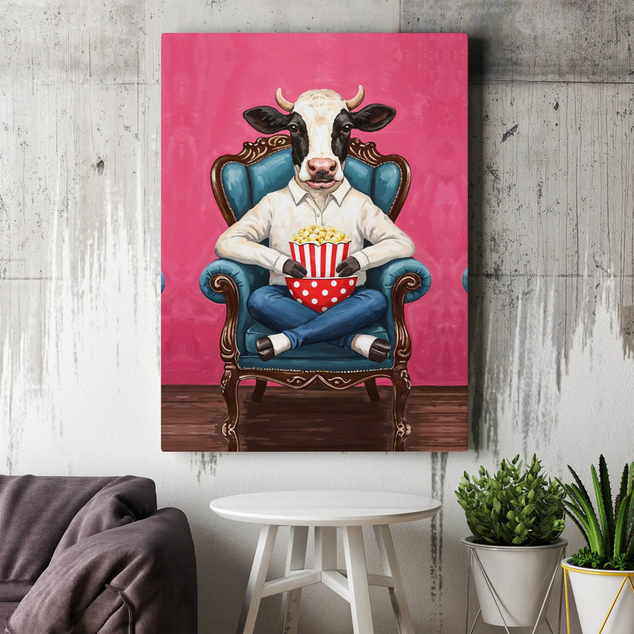 Funny Cow Canvas Wall Art | Anthropomorphic Animal Watching Movie with Popcorn | Premium Gallery Print | Quirky Home & Cinema Room Decor Gift