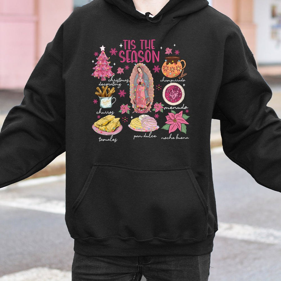 Mexican Christmas Hoodie | Tis The Season Food Graphic | Soft Cotton-Polyester Premium Pullover | Latino Heritage Holiday Gift For Family