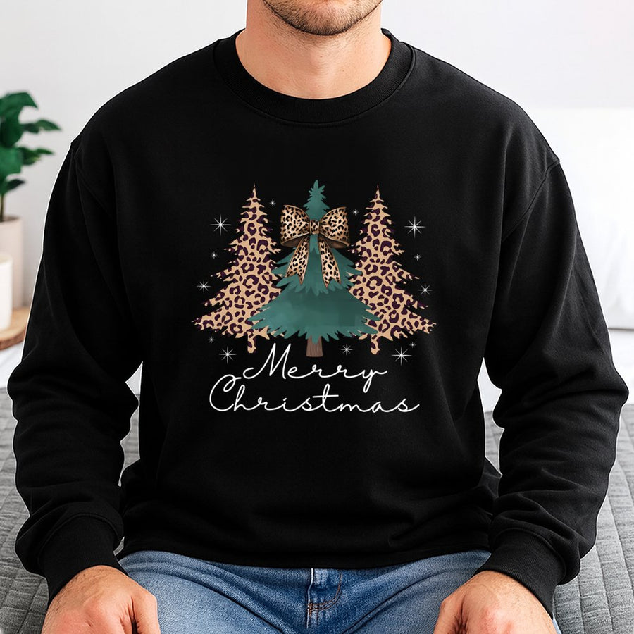 Leopard Print Christmas Tree Sweatshirt | Coquette Bow Holiday Graphic | Cotton Blend Premium Crewneck | Merry Christmas Gift for Women