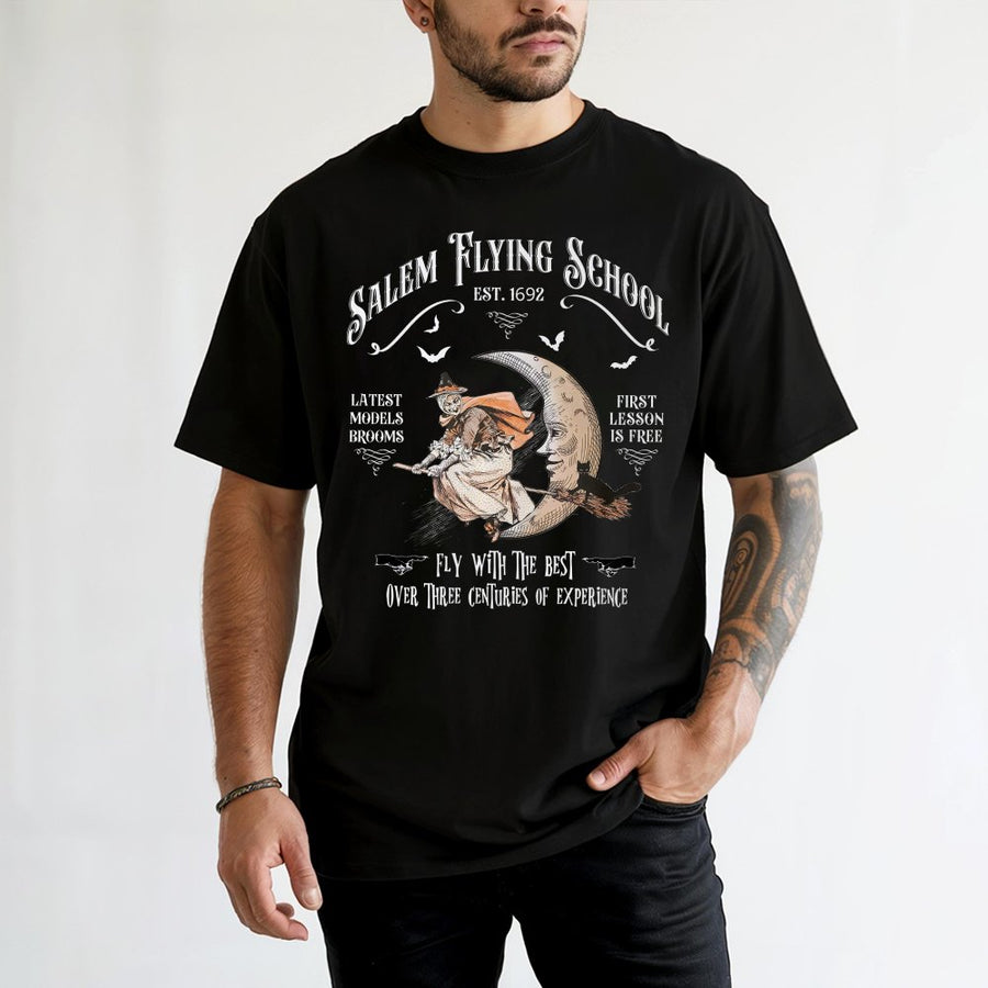 Salem Flying School Witch T-Shirt | Vintage Aesthetic Halloween Graphic Tee | 100% Premium Cotton | Spooky Gift for Witchy Lovers