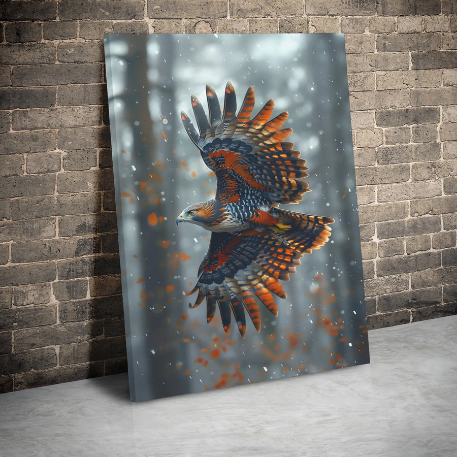 Hawk Canvas Wall Art | Snowy Forest Bird Of Prey Portrait | Gallery Wrap Premium Print | Wildlife Home Decor Gift For Nature Lovers