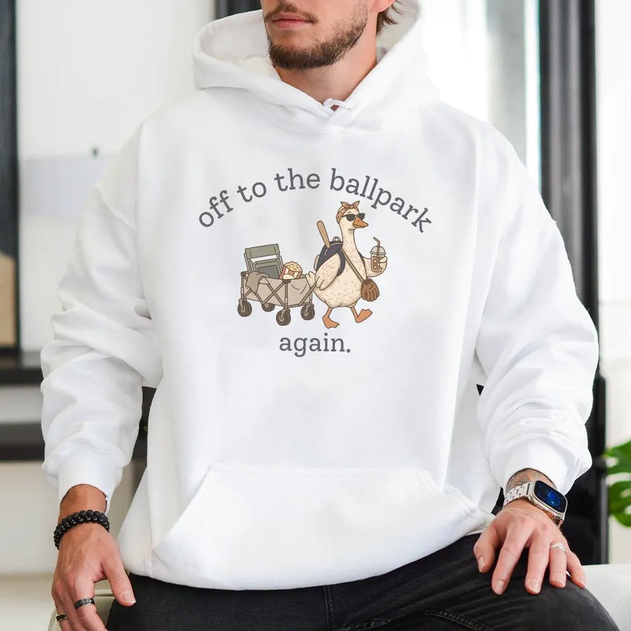 Funny Baseball Mom Hoodie | Off to the Ballpark Again Goose Graphic | Premium Cotton Blend | Gift for Softball Mama