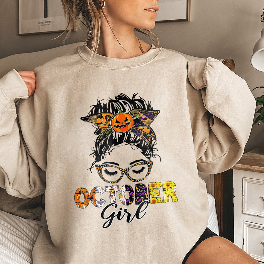 October Girl Sweatshirt | Cute Pumpkin Witch Messy Bun Graphic | Premium Cotton Blend | Halloween Birthday Gift For Her