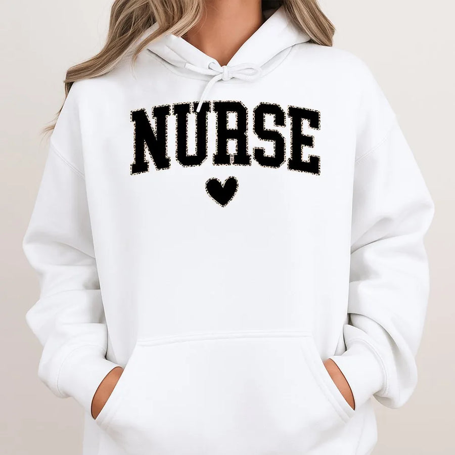 Nurse Hoodie | Varsity Letter Print with Heart Detail | Premium Cotton Blend | Gift for Nurses, RN Graduation, Nursing Student Appreciation