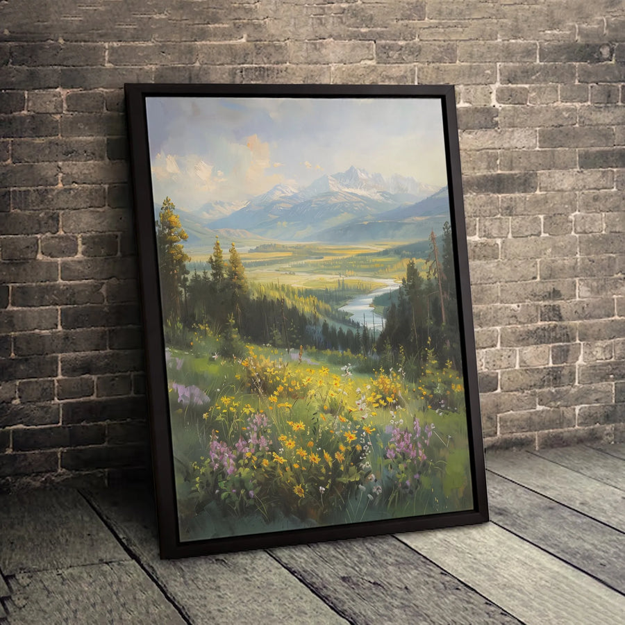 Mountain Valley Landscape Canvas Wall Art | River And Wildflower Meadow Print | Gallery-Quality 1.25 Inch Profile | Nature Lover Home Decor Gift