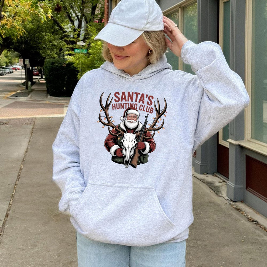 Santa Hunting Club Hoodie | Funny Christmas Deer Skull Graphic | Premium Cotton Blend | Gift for Hunters and Outdoorsmen