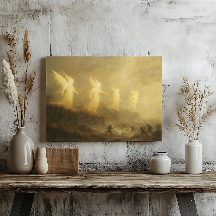 Guardian Angels Canvas Wall Art | Luminous Warrior Battlefield Scene | Premium Gallery Wrap Print | Spiritual Home Decor Gift