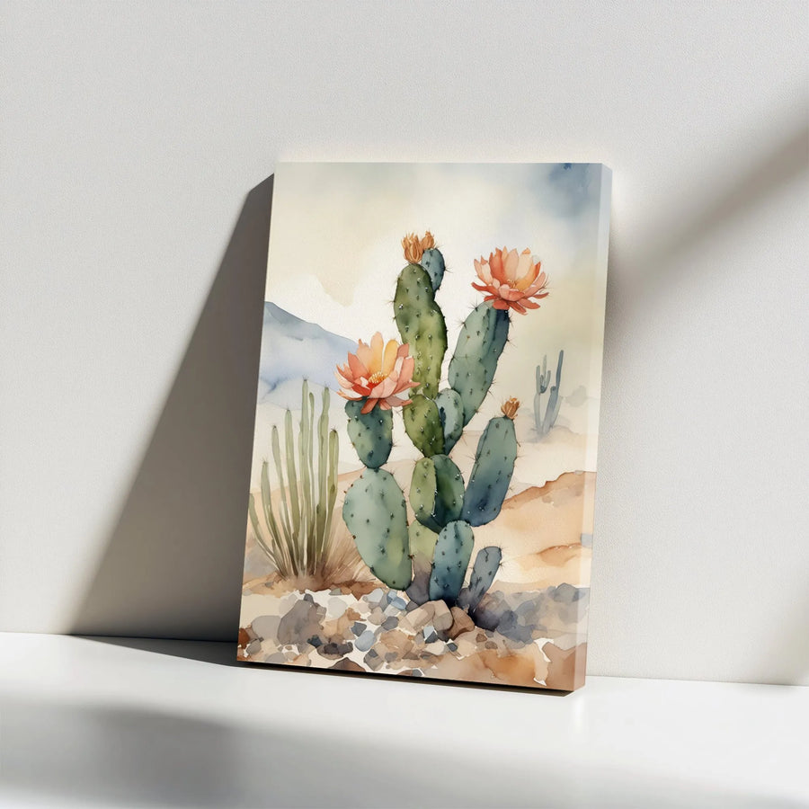 Desert Cactus Wall Art | Watercolor Blooming Prickly Pear Print | Premium Gallery Wrap Canvas | Southwestern Home Decor Gift