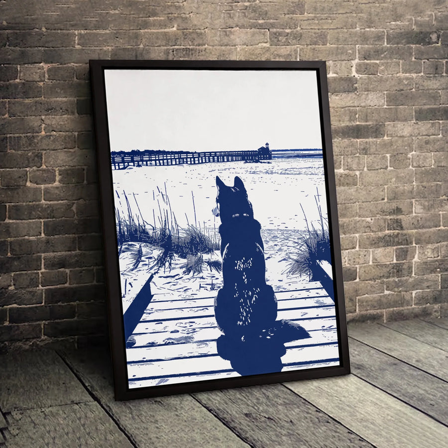 Dog on Boardwalk Canvas Wall Art | Blue and White Coastal Pier Print | Premium Gallery Wrapped Decor | Perfect Gift for Dog Lovers
