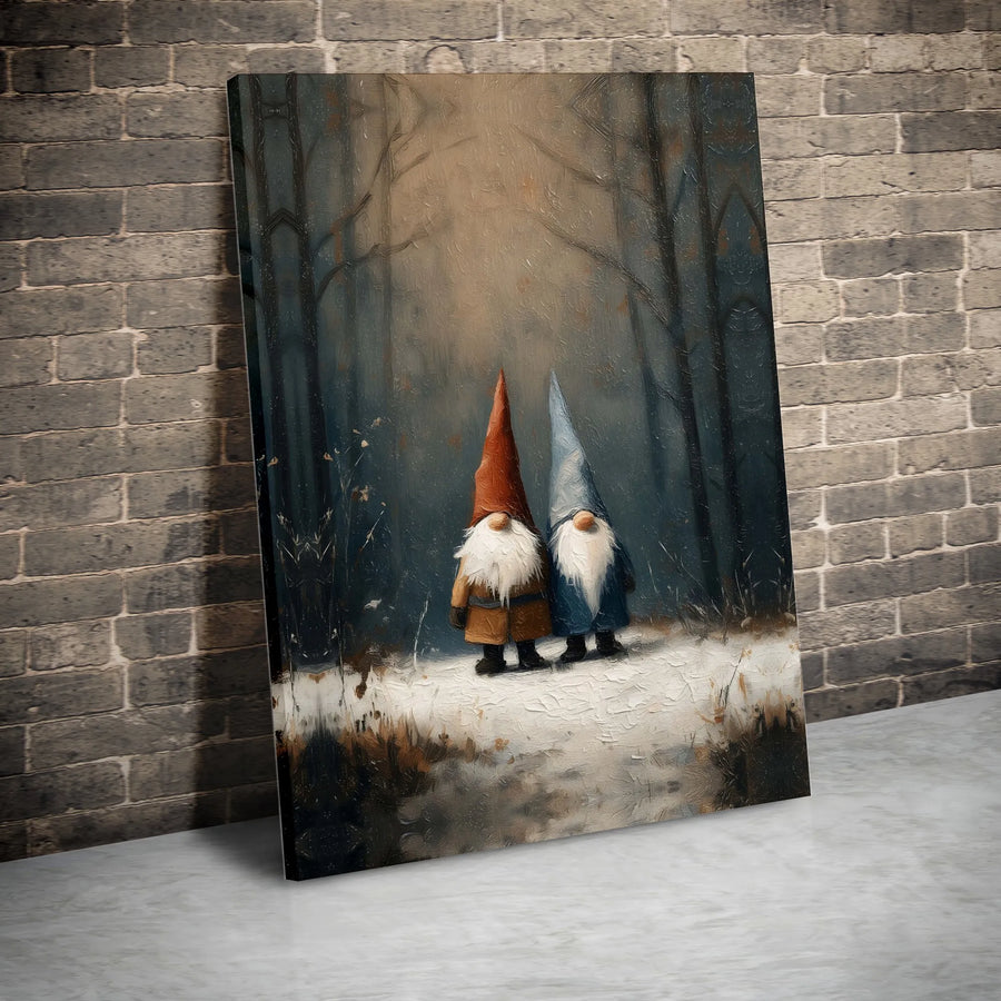 Winter Gnome Wall Art | Whimsical Snowy Forest Oil Painting Canvas | Premium Gallery Wrap Decor | Holiday Gift for Gnome Lovers