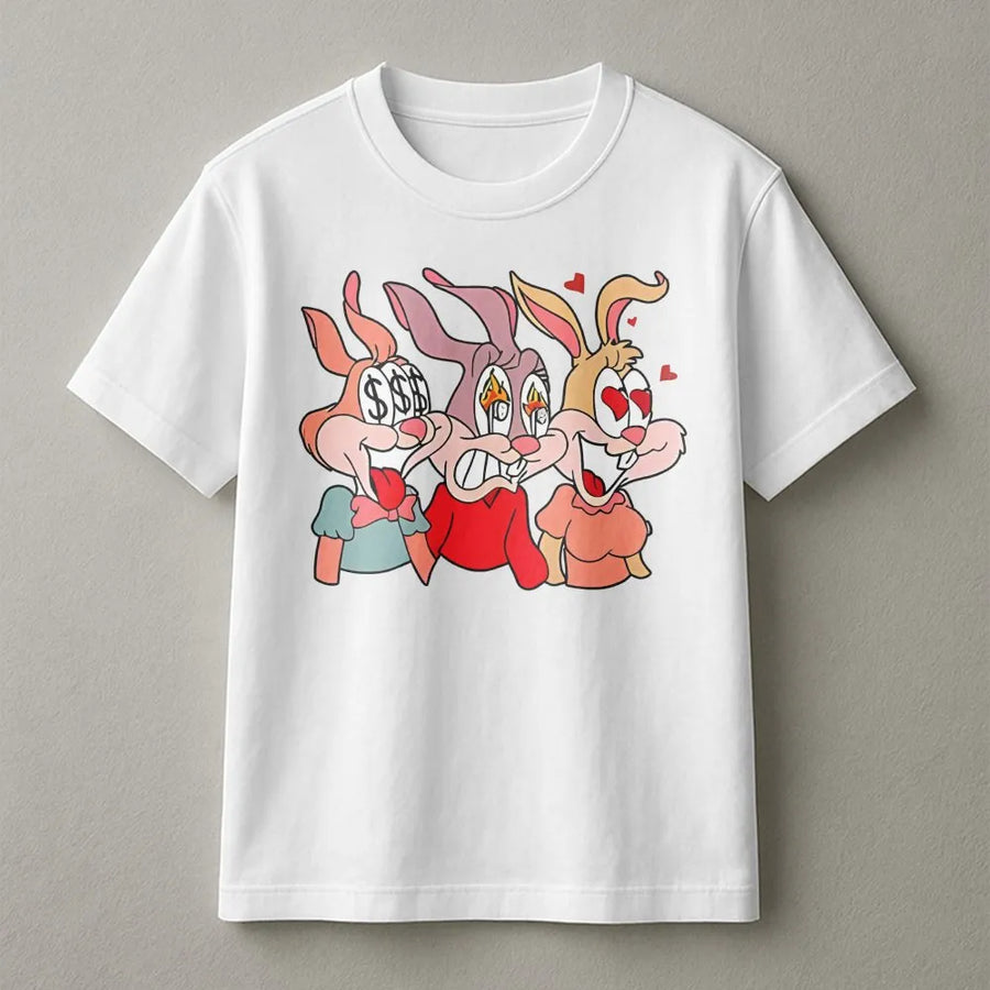 Cartoon Rabbit Graphic T-Shirt | Money Eyes Love Heart Retro Aesthetic | Premium 100% Cotton Tee | Urban Streetwear Unisex Gift