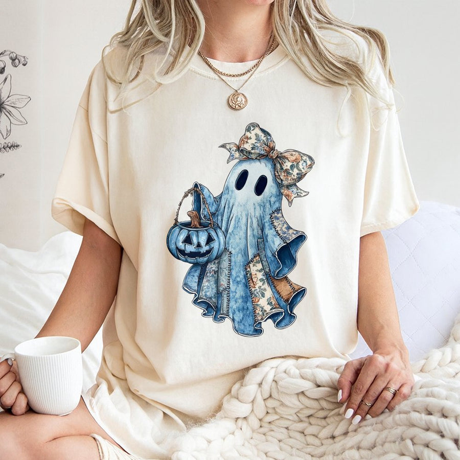 Cute Ghost T-Shirt | Retro Denim Patchwork Pumpkin Design | 100% Cotton Premium Tee | Spooky Halloween Gift for Women