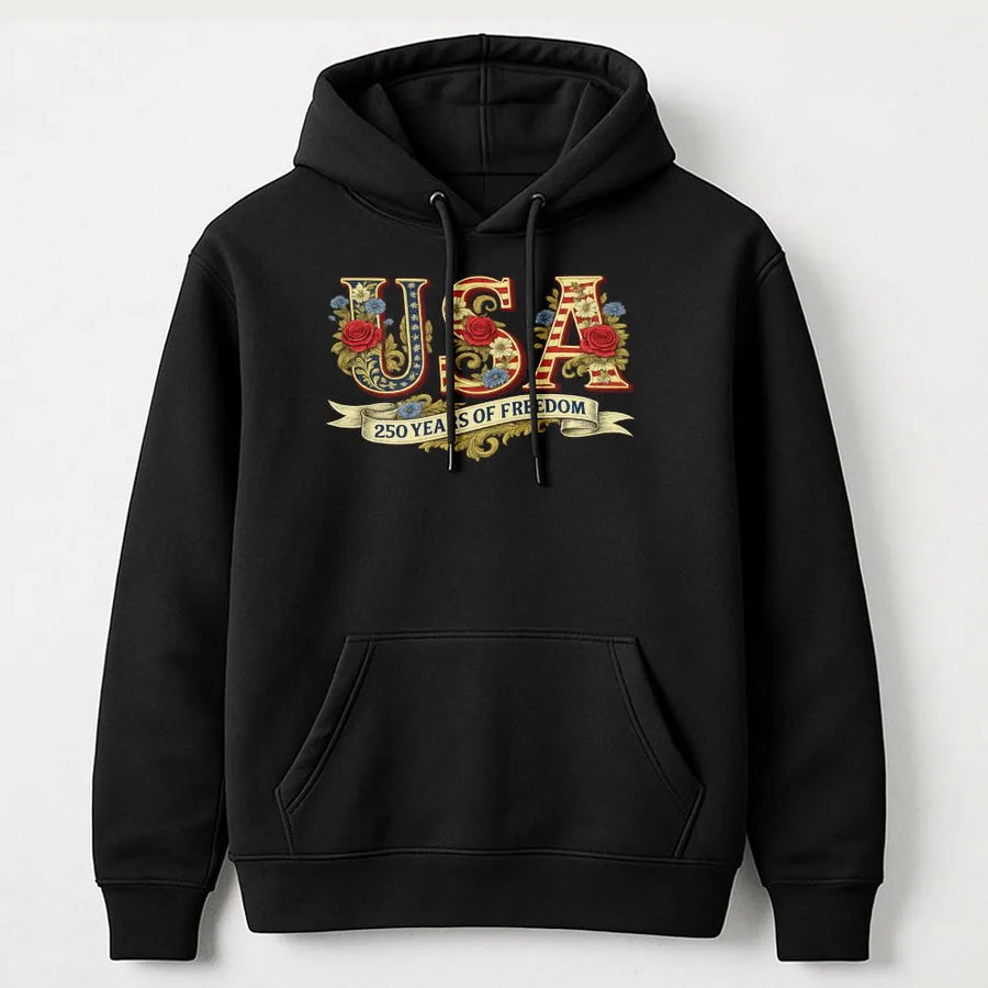 USA 250 Years Of Freedom Hoodie | Floral American Flag Graphic | Premium Cotton Blend | Patriotic Independence Day Gift For Adults