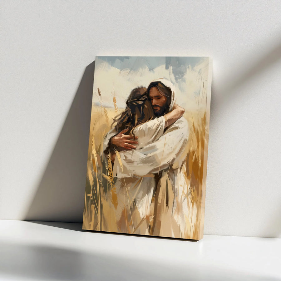 Jesus Hugging Canvas Print | Modern Christian Art in Wheat Field | Premium Gallery Wrap Canvas | Spiritual Wall Decor Gift for Christians