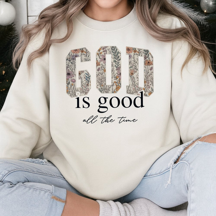 God Is Good Sweatshirt | Floral Christian Faith Shirt | Premium Cotton Blend Crewneck | Religious Gift for Women and Men