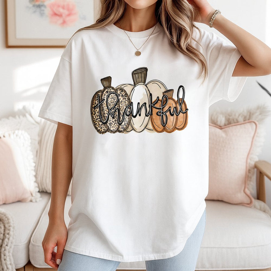 Thankful Pumpkin T-Shirt | Leopard Print Autumn Graphic | 100% Cotton Premium Tee | Thanksgiving Holiday Gift for Her