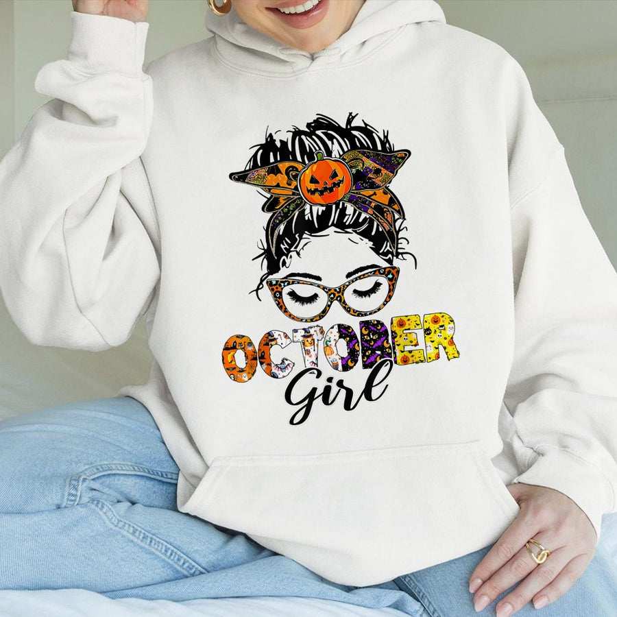 October Girl Halloween Hoodie | Messy Bun Pumpkin Witch Graphic | Cotton-Poly Premium Blend | Cute Fall Birthday Gift For Women