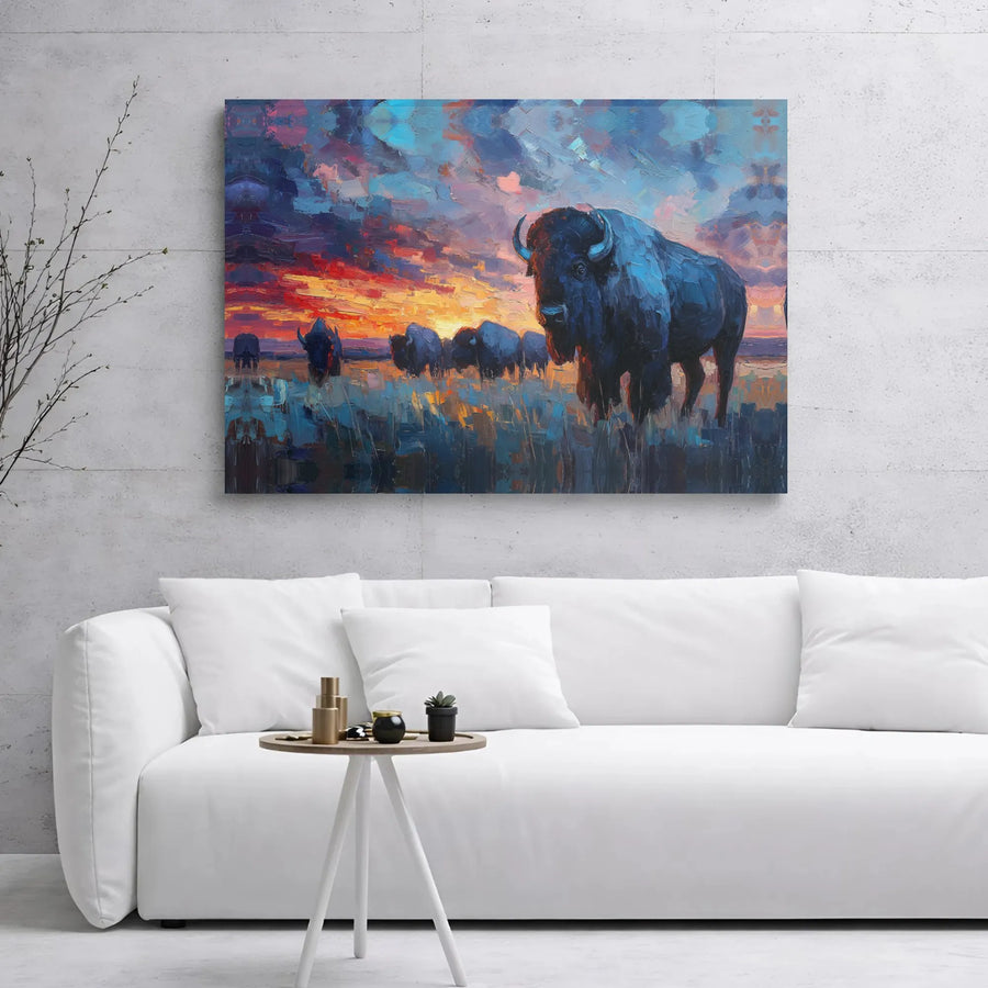 American Bison Canvas Wall Art | Impressionist Sunset Buffalo Herd Painting | 1.25-Inch Gallery Wrap Print | Western Home Decor Gift