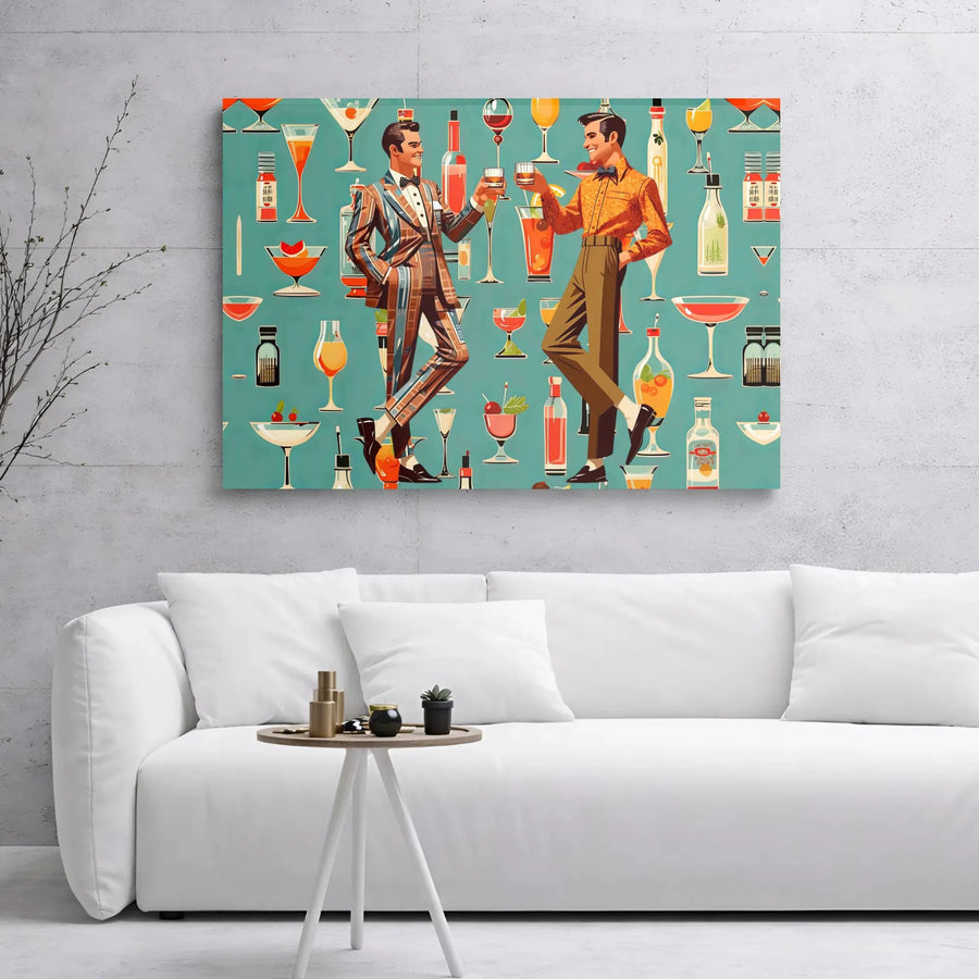 Mid-Century Modern Cocktail Wall Art | Retro Men Toasting Drinks Print | Premium 1.25 Inch Gallery Wrap Canvas | Vintage Bar Decor for Home Office