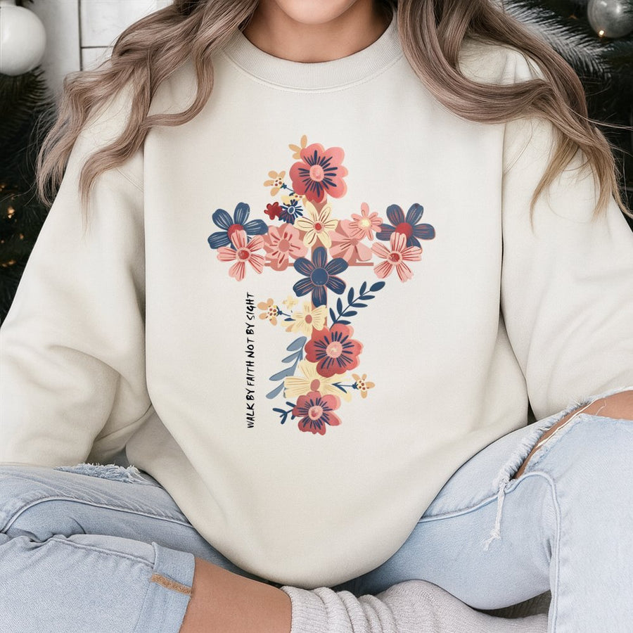 Walk By Faith Not By Sight Sweatshirt | Floral Cross Graphic Design | Premium Cotton Blend | Christian Religious Gift for Women & Men