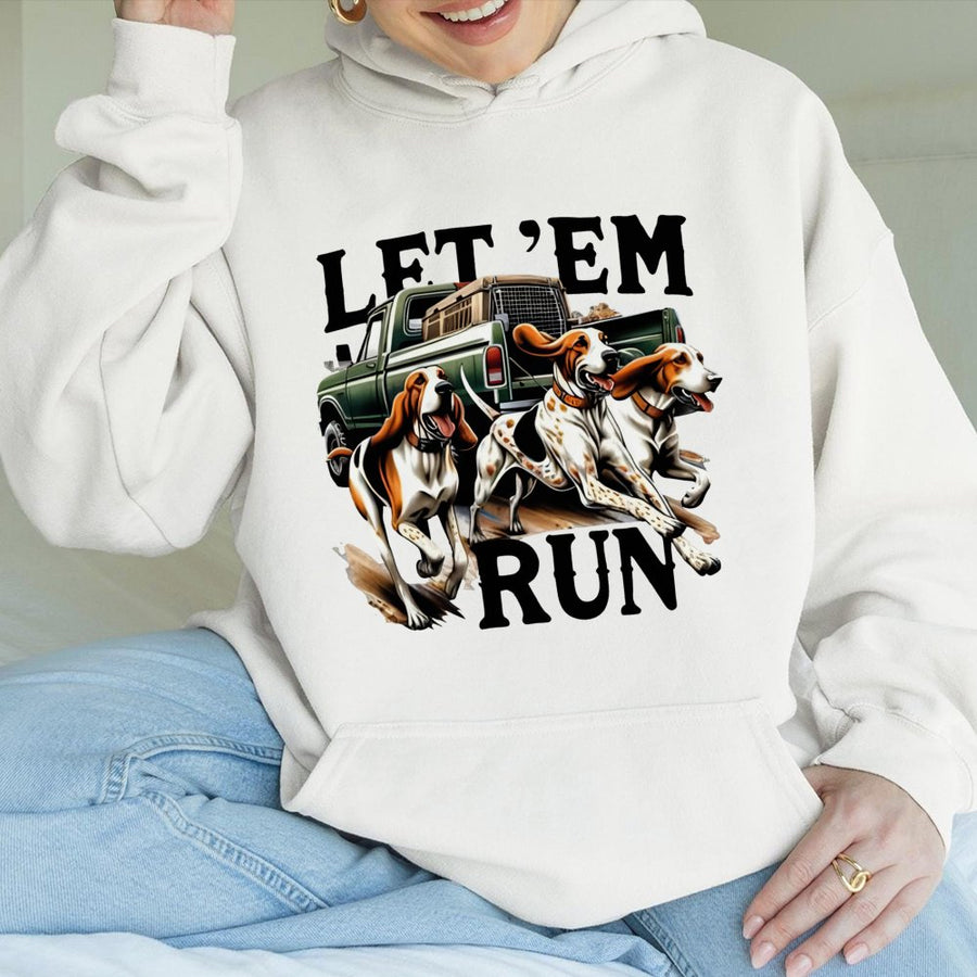 Hound Dog Hunting Hoodie | Let 'Em Run Graphic | Premium Cotton Blend | Country Lifestyle Gift for Outdoorsmen