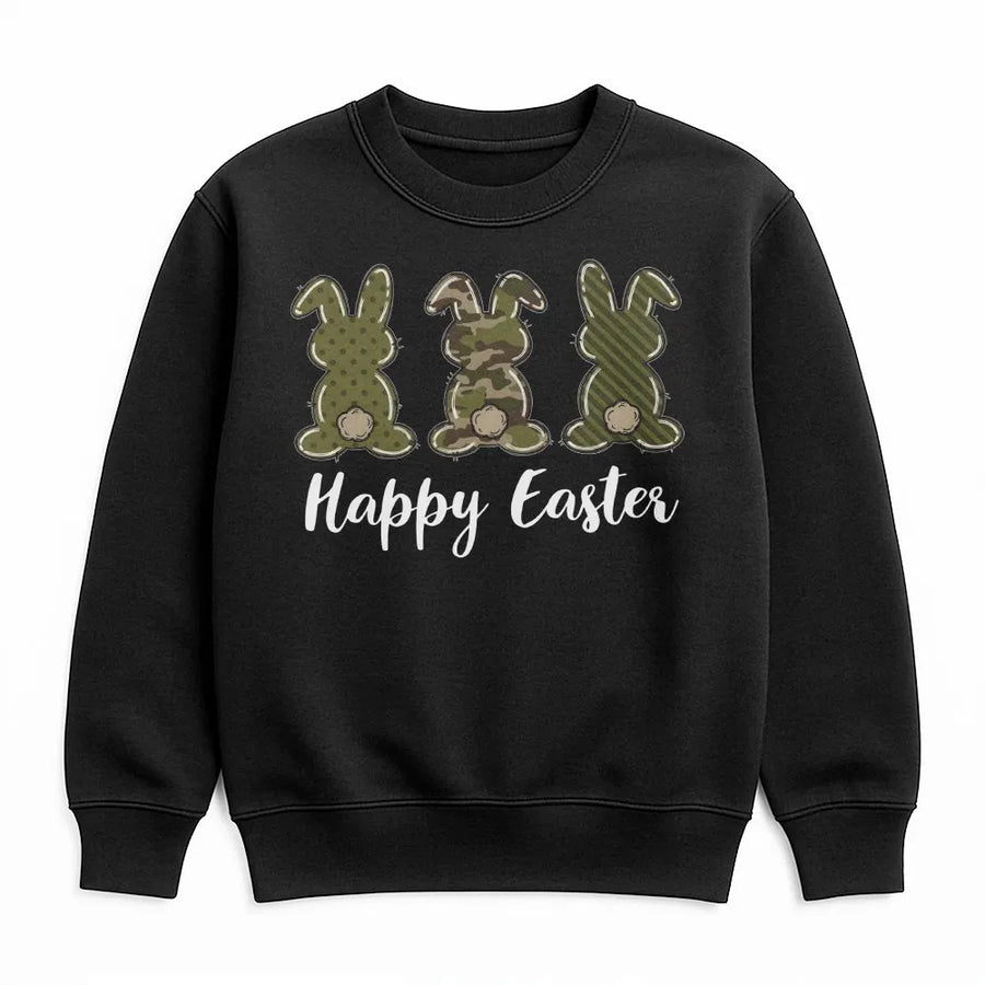 Camo Easter Bunny Sweatshirt | Cute Rabbit Graphic Crewneck | Premium Cotton-Poly Blend | Festive Spring Holiday Apparel for Adults