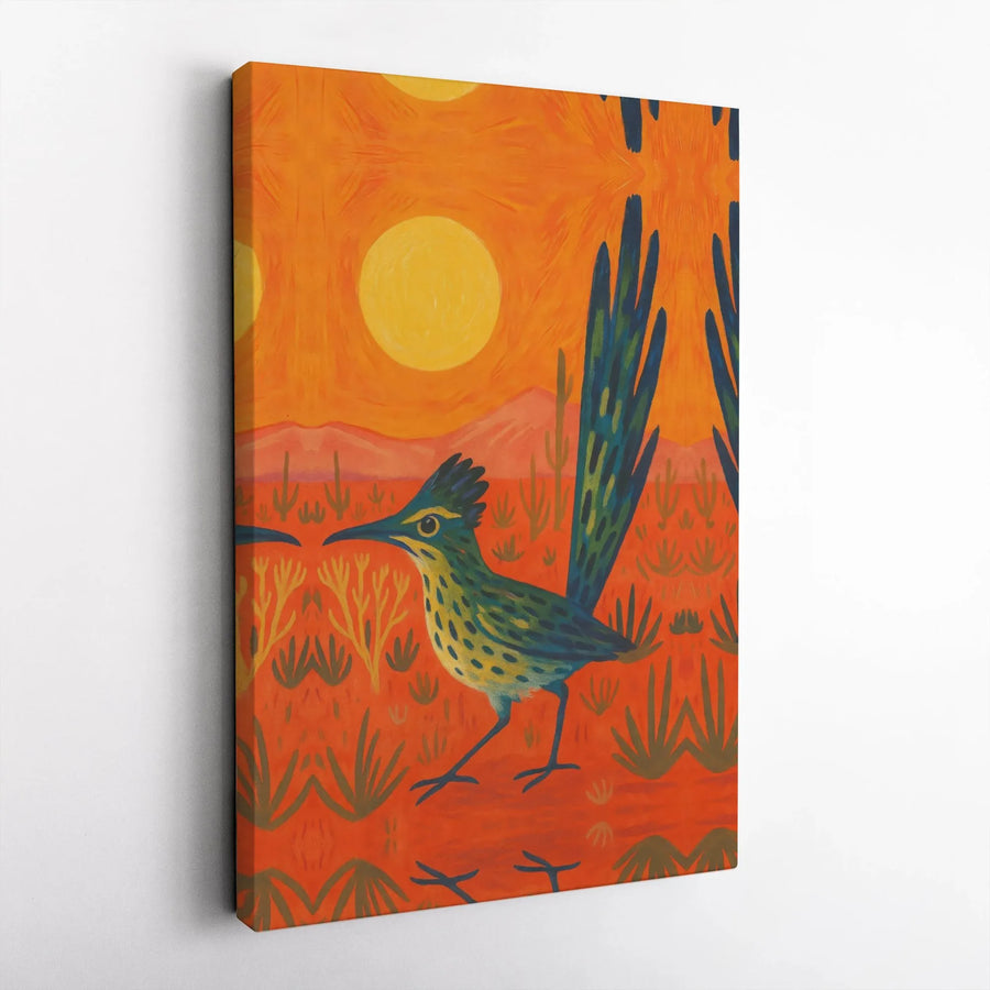 Southwestern Roadrunner Wall Art | Desert Landscape Canvas Print | Premium Gallery-Wrapped Decor | Vibrant Boho Home Gift