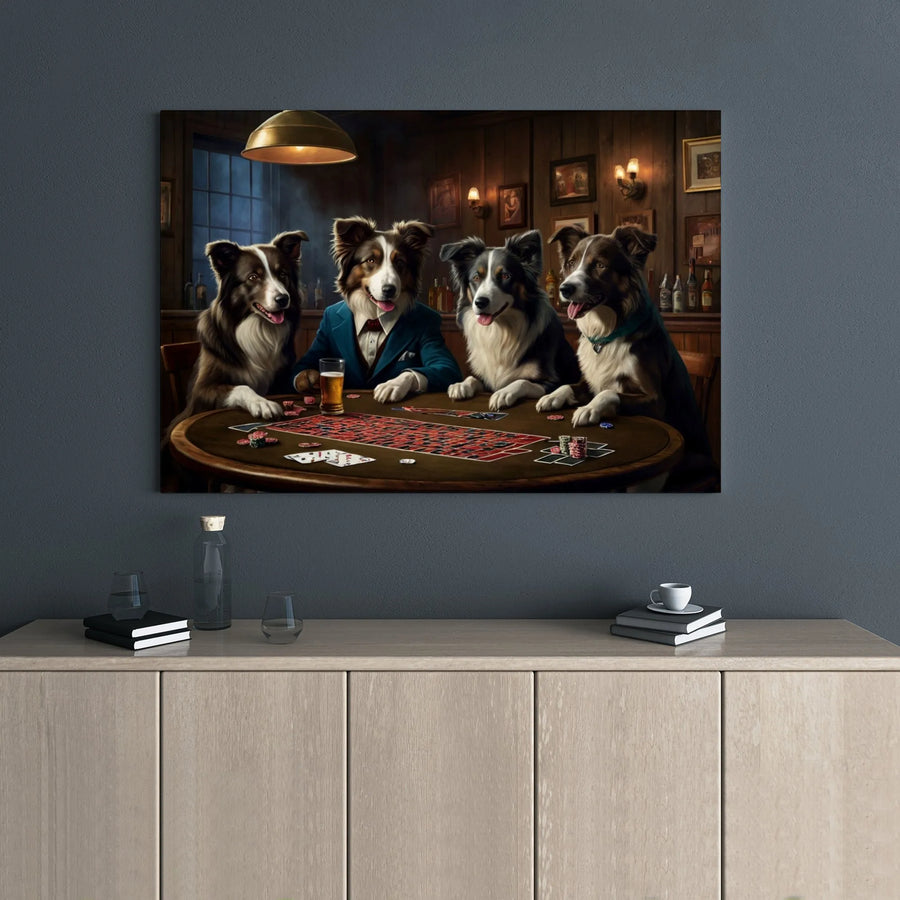 Border Collies Playing Poker Canvas Wall Art | Funny Dog Drinking Beer Print | Premium Gallery Wrapped Decor | Unique Gift for Dog Lovers
