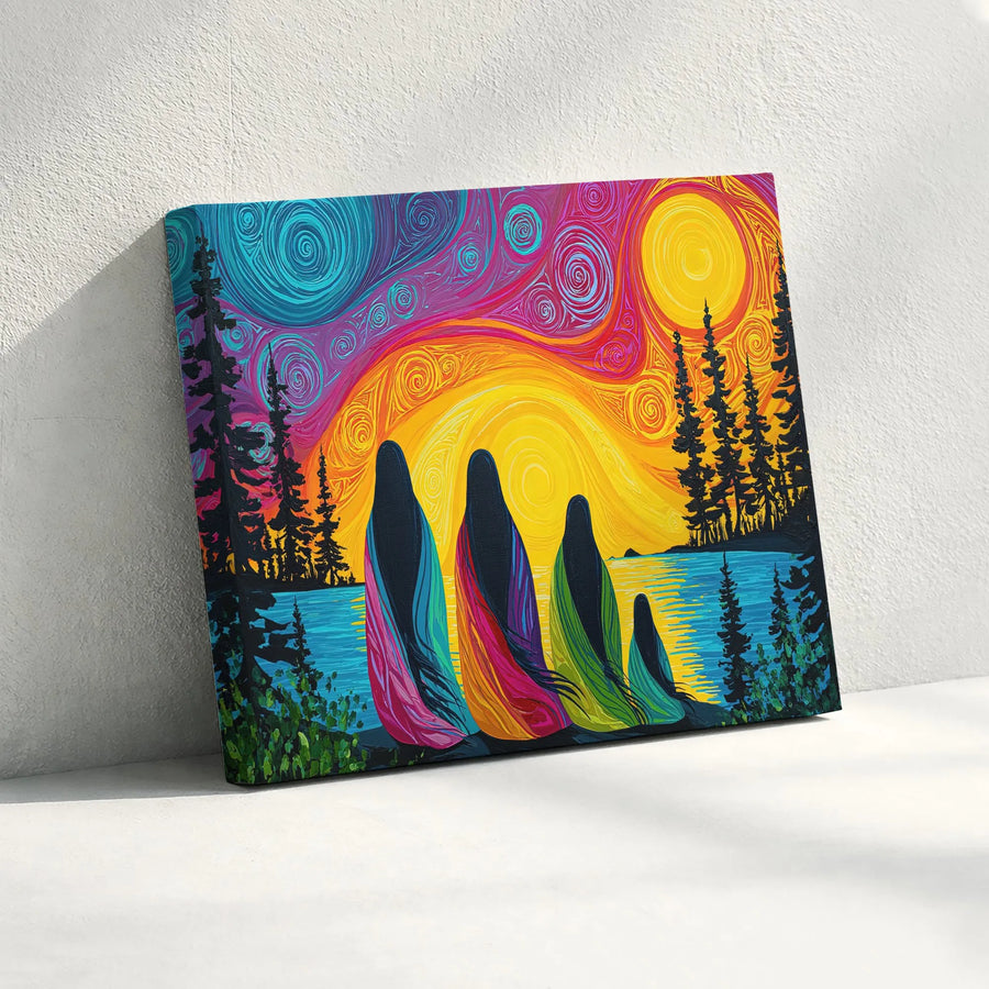 Indigenous Women Canvas Art | Vibrant Four Sisters Sunset Print | Gallery Quality Canvas Print | Premium Spiritual Home Decor Gift