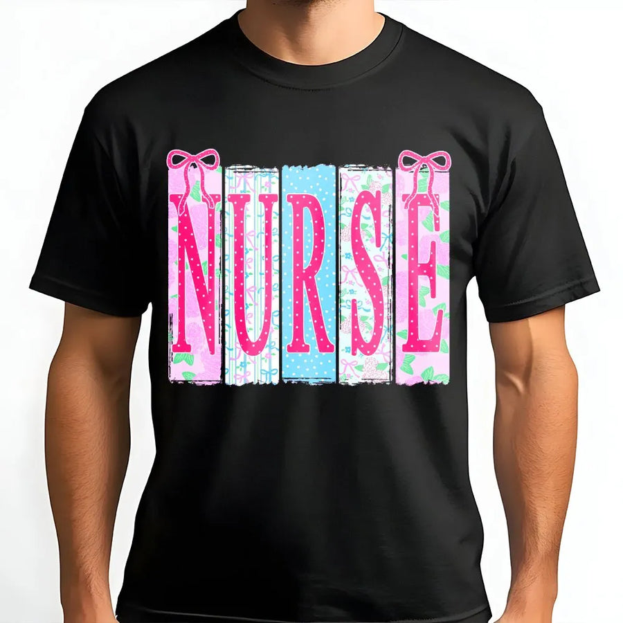 Coquette Nurse T-Shirt | Ditsy Floral & Bow Pattern Pullover | Soft Cotton Blend | Premium Gift for RN, NICU Nurse, Nursing Student