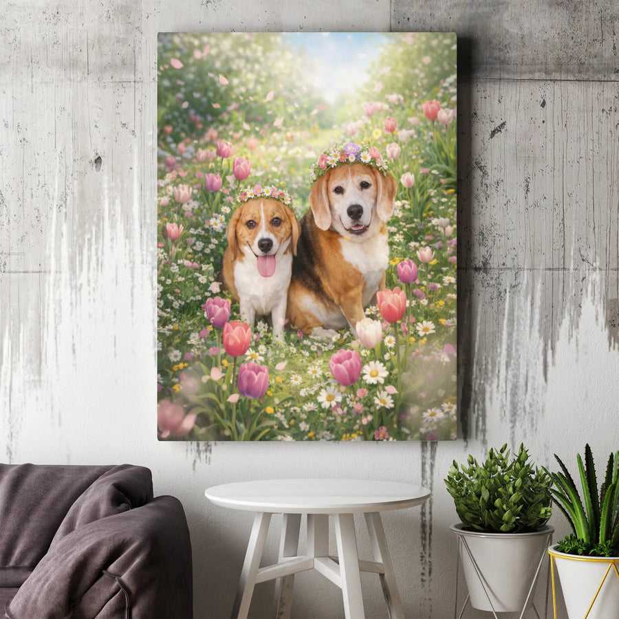 Beagle Dogs Canvas Wall Art | Spring Meadow Floral Crown Portrait | Gallery Quality Print | Premium Gift for Beagle Owner