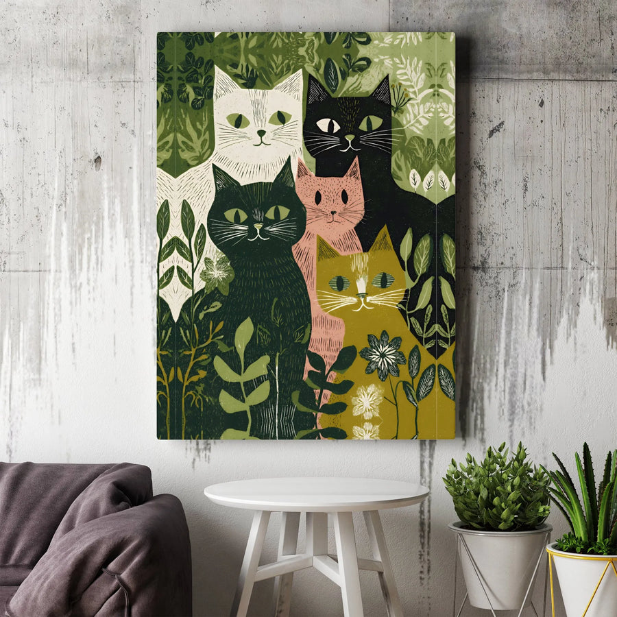 Folk Art Cat Canvas Wall Art | Linocut Style Botanical Print | Thick Gallery Wrap Canvas | Bohemian Home Decor Gift for Cat Lover