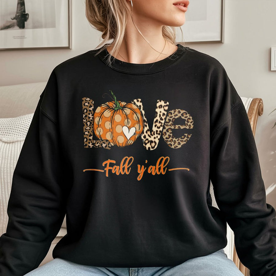 Fall Y'all Pumpkin Sweatshirt | Leopard Print LOVE Graphic | Cozy Cotton Blend | Cute Autumn Thanksgiving Gift For Her