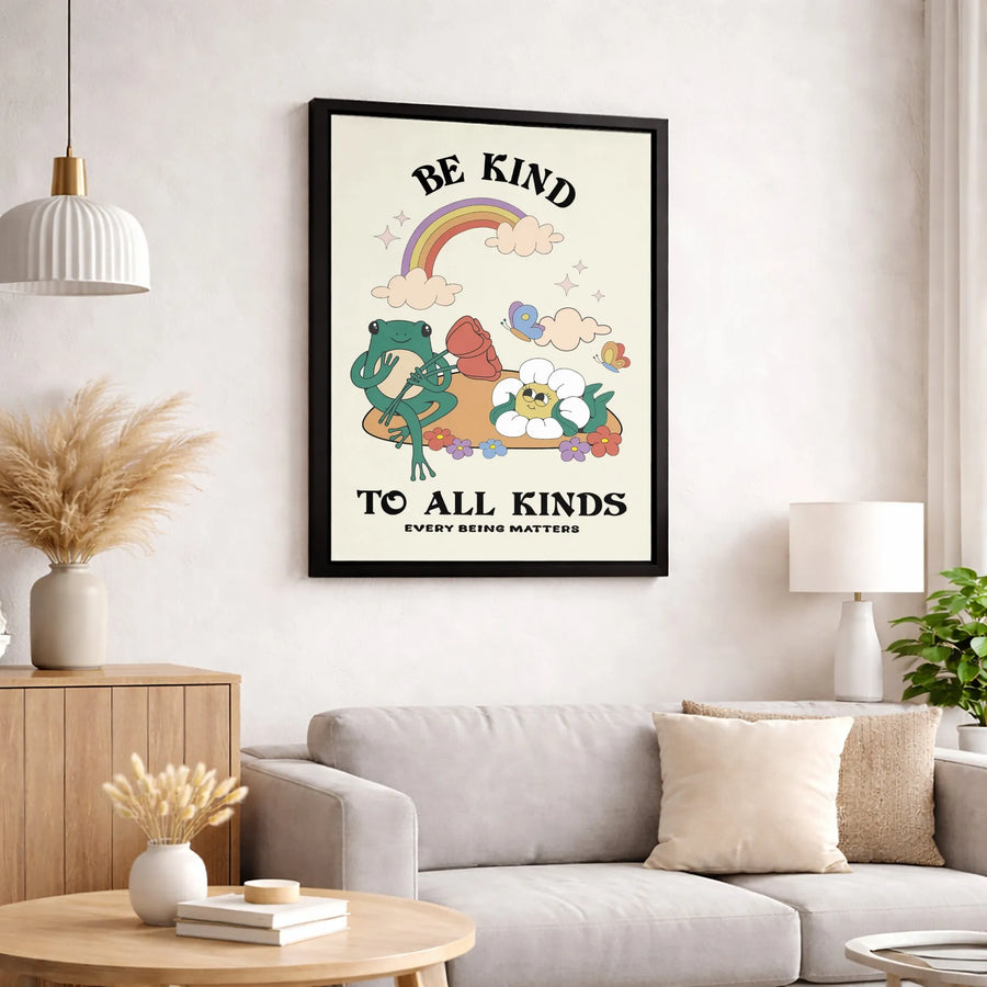 Be Kind To All Kinds Wall Art | Retro Frog And Flower Rainbow Canvas | Premium Fade-Resistant Print | Aesthetic Nursery Or Classroom Decor Gift
