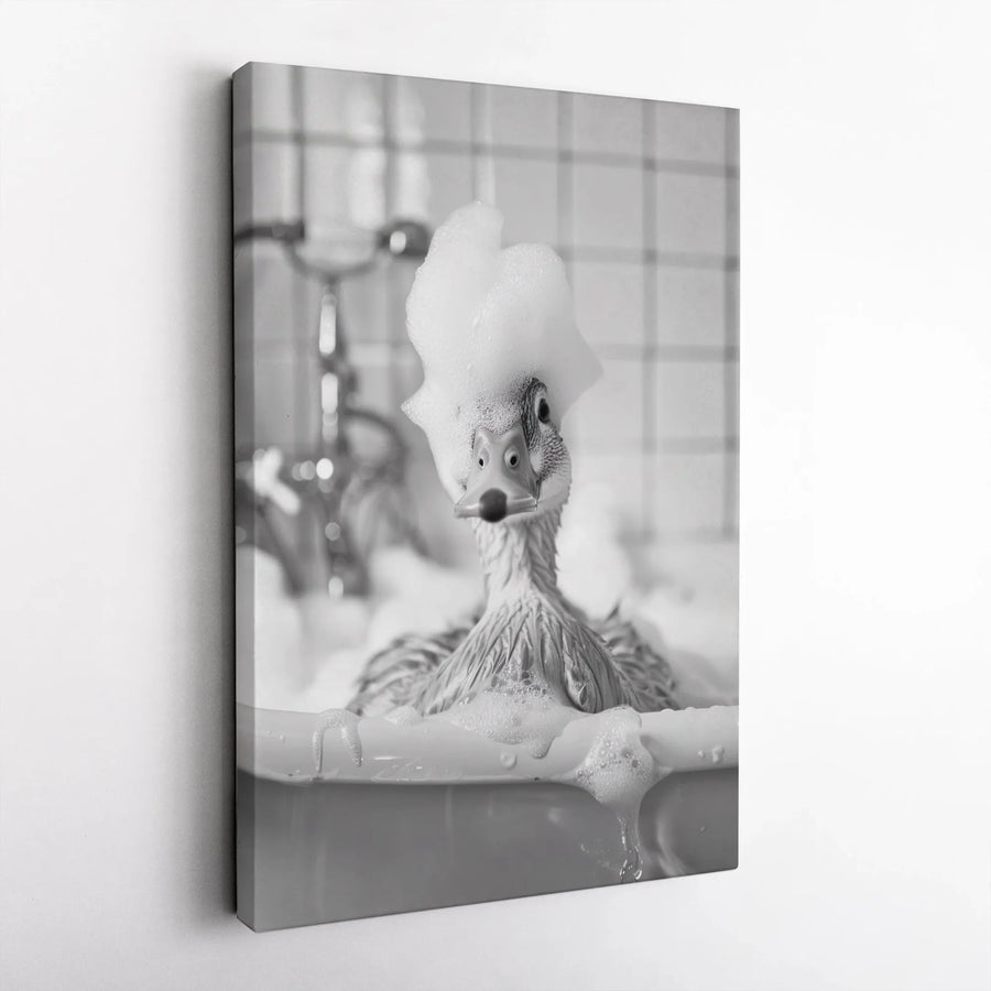 Funny Duck Bathing Wall Art | Whimsical Duckling with Bubble Foam Hat | Premium Gallery Wrap Canvas | Bathroom Decor Gift for Animal Lovers