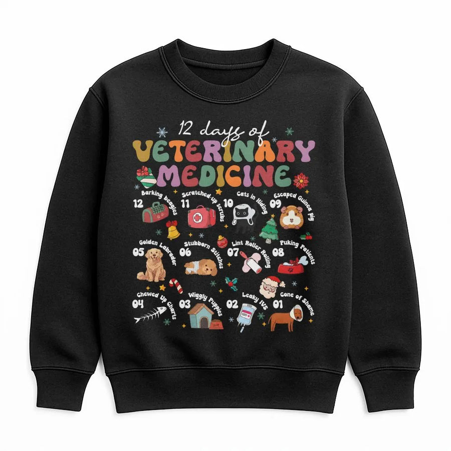 12 Days Of Veterinary Medicine Sweatshirt | Funny Retro Vet Tech Christmas Design | Premium Cotton Blend | Gift For Veterinarian Or Animal Doctor
