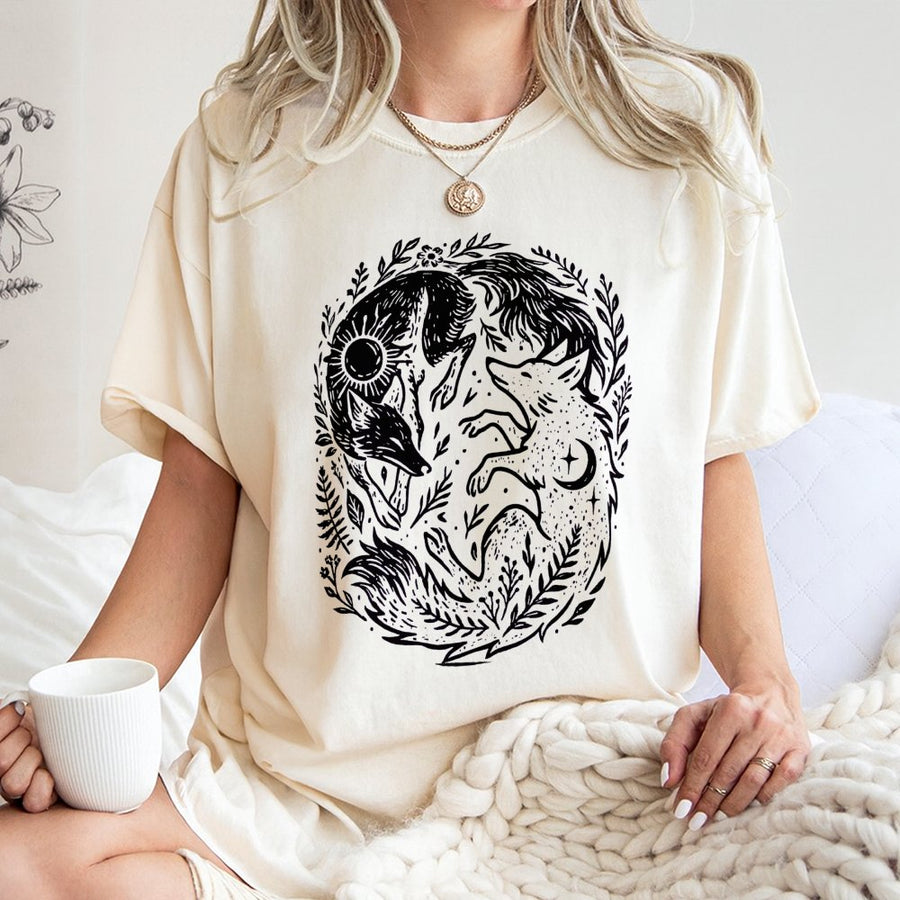 Fox Yin Yang T-Shirt | Celestial Sun and Moon Nature Graphic | 100% Cotton Premium Tee | Mystical Wildlife Gift for Nature Lovers