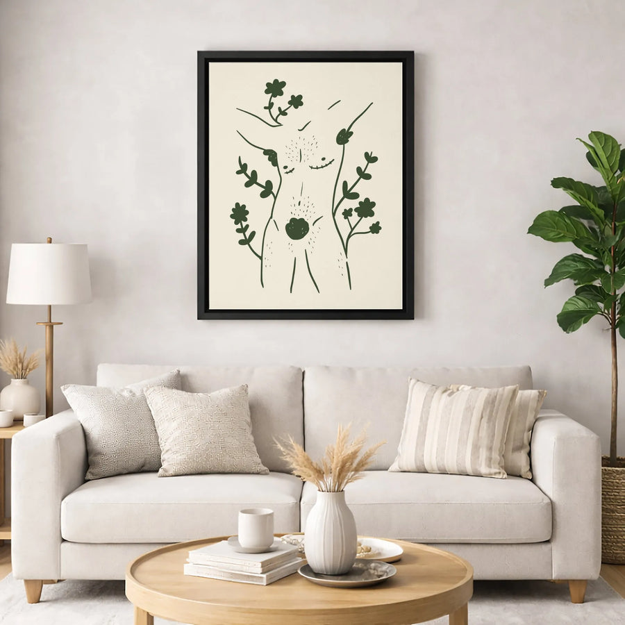 Boho Female Body Canvas Art | Minimalist Line Drawing with Botanical Elements | Premium Gallery Wrap Wall Decor | Feminine Aesthetic Home Gift
