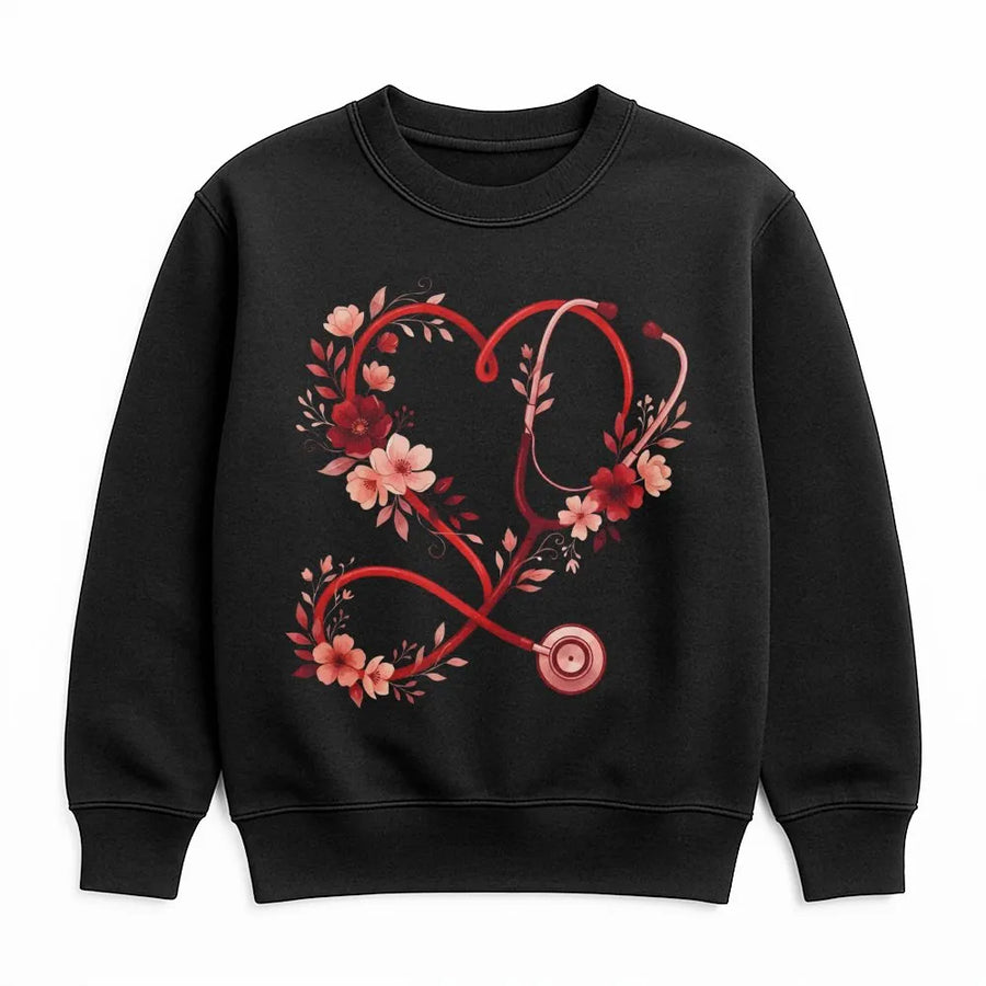 Floral Stethoscope Sweatshirt | Heart Shape Medical Design | Premium Cotton Blend | Valentine Gift for Nurse, Nursing Student, Doctor