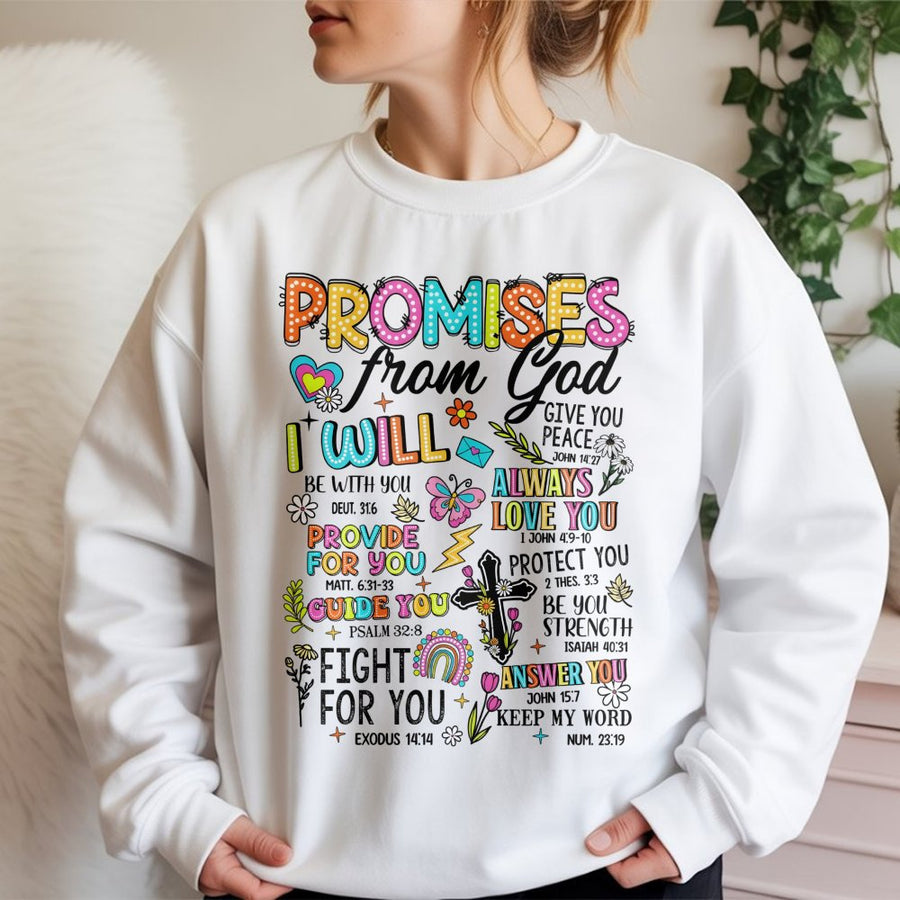 Promises From God Christian Sweatshirt | Bible Verse Faith Typography | Soft Cotton Blend Unisex Pullover | Religious Gift for Women and Men