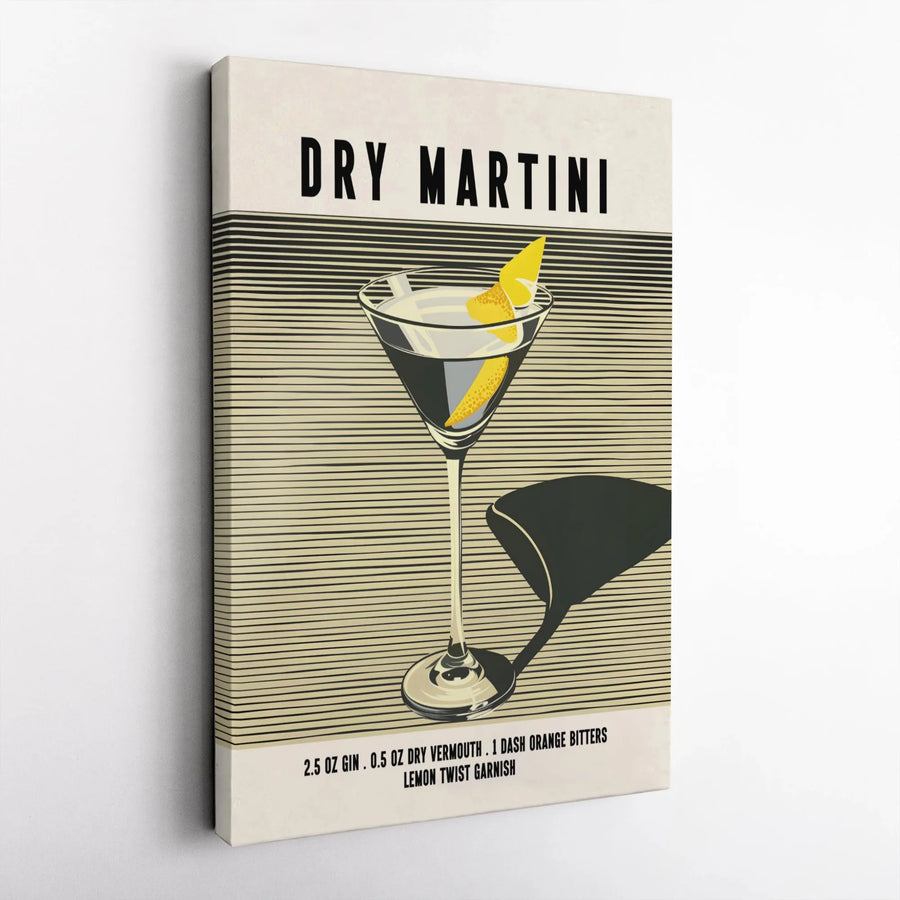 Dry Martini Cocktail Recipe Wall Art | Retro Minimalist Bar Poster | Premium Gallery Wrap Canvas | Kitchen Decor Gift for Home Bartender