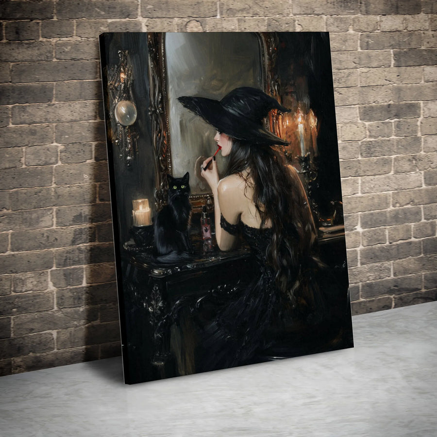 Witch Makeup Vanity Wall Art | Gothic Black Cat Mirror Print | Gallery Quality 1.25" Thick Canvas | Witchy Home Decor Aesthetic Gift