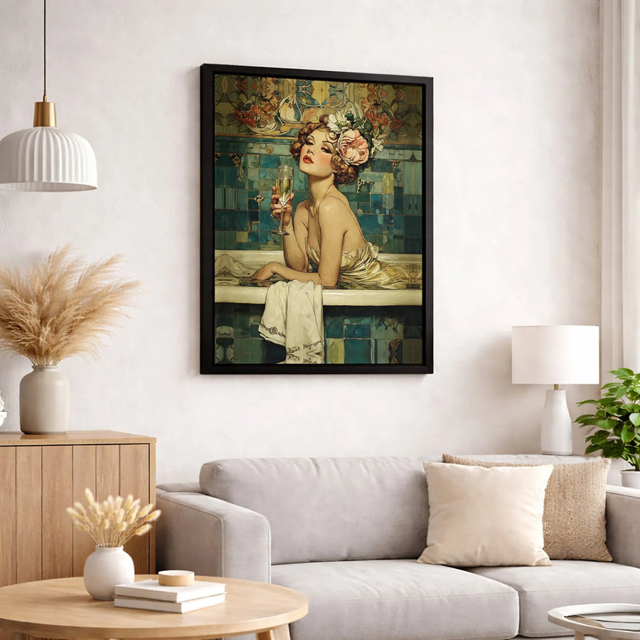 Art Nouveau Canvas Wall Art | Glamorous Woman Bathing with Champagne | Premium Fade-Resistant Print | Elegant Vintage Home Decor Gift