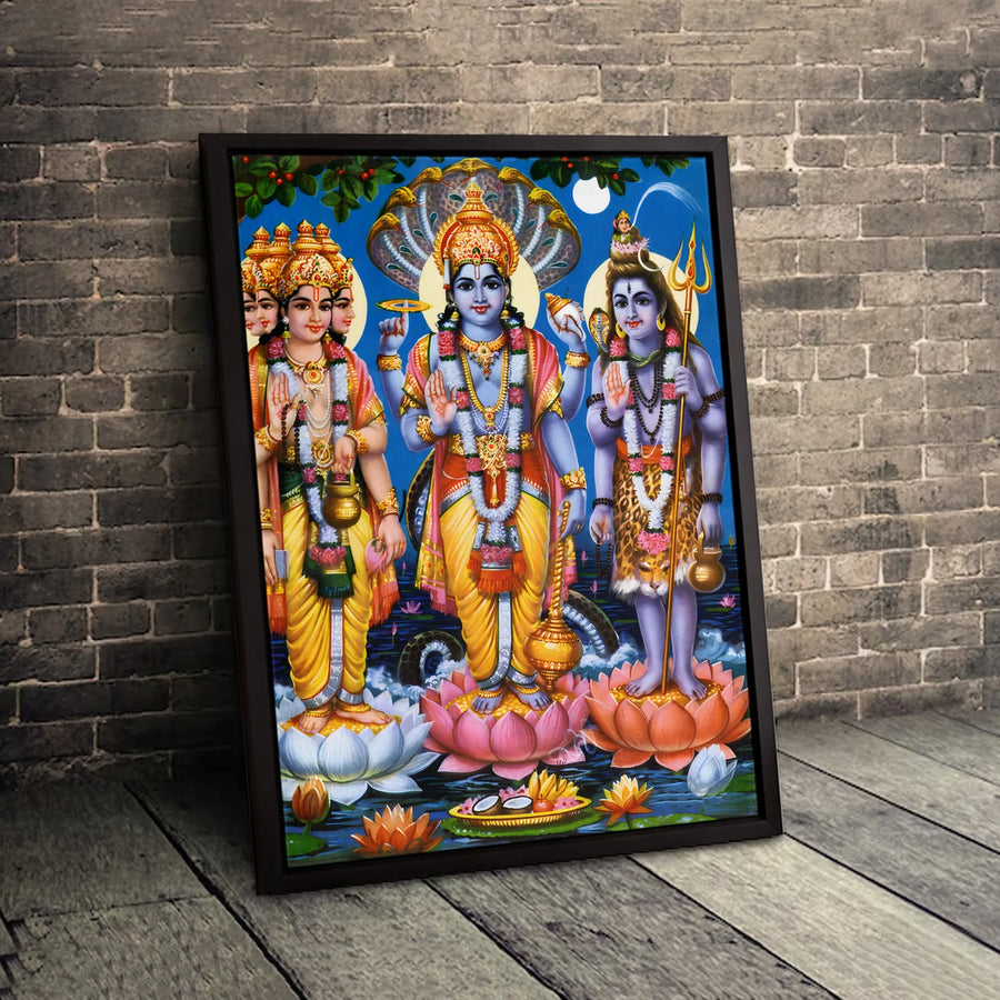 Trimurti Hindu Gods Canvas Print | Brahma Vishnu Shiva Divine Art | Premium Fade-Resistant Wall Decor | Spiritual Home Office Gift